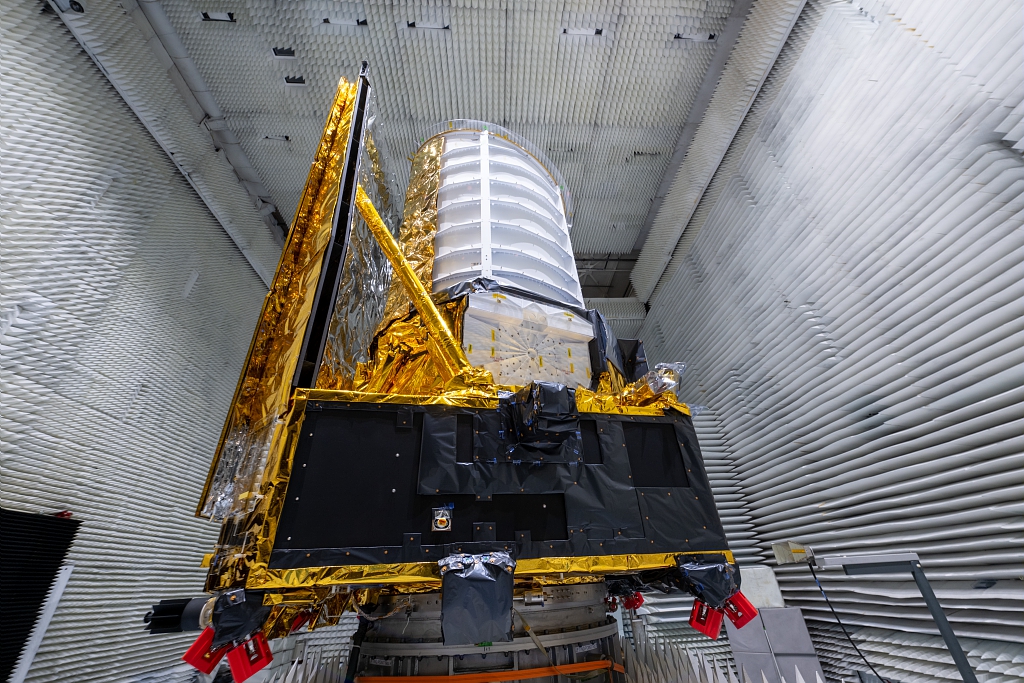 Euclid in the Compact Antenna Test Range (CATR) at Thales Alenia Space in Cannes, France, on 8 February 2023.  Credit line image : ESA - M. Pédoussaut