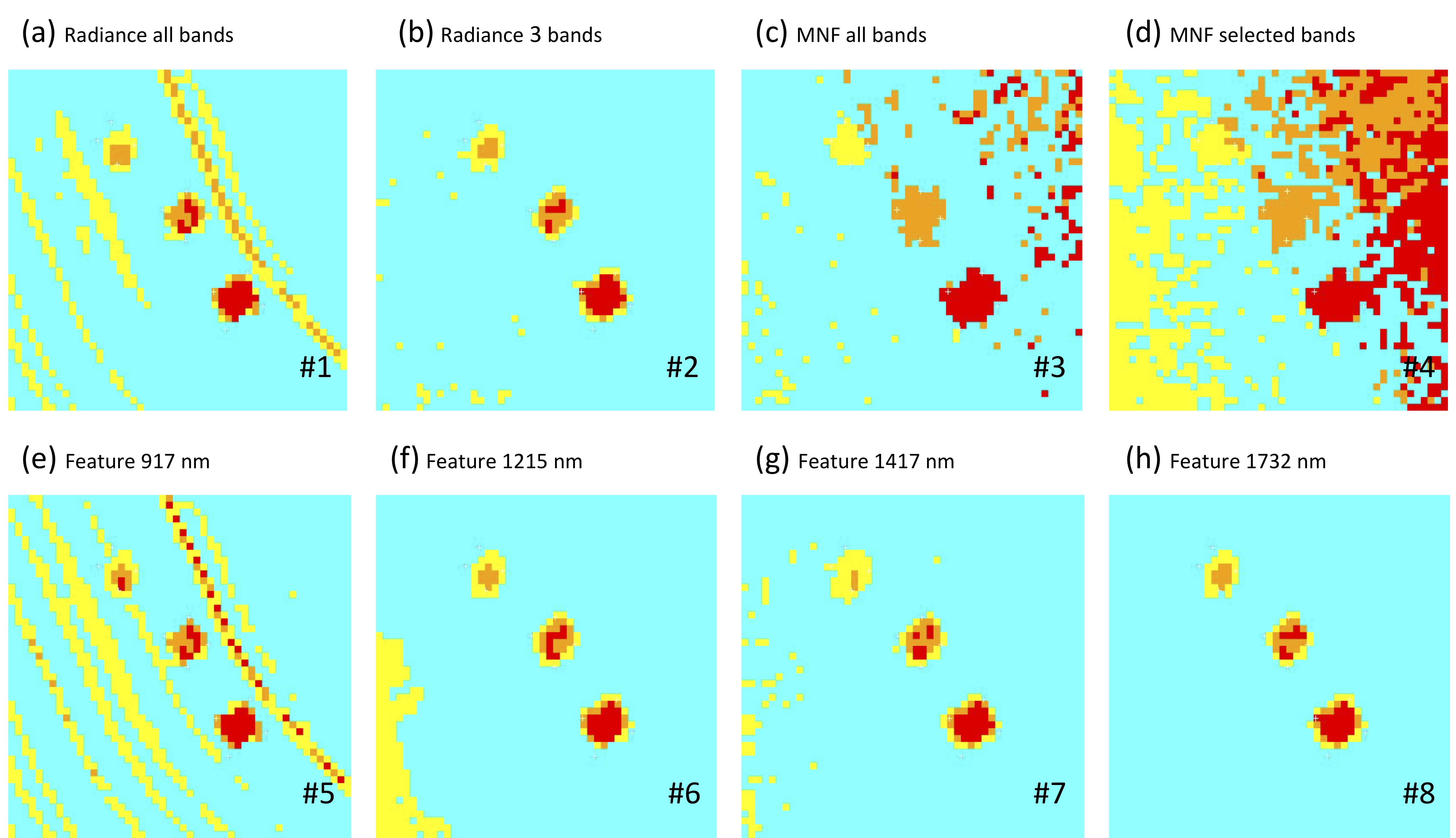 First classification results of mapping three floating plastic patches at abundances of 1%, 2.5% and 5%